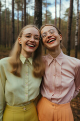 Fototapeta premium Two beautiful women, posing joyfully in the autumn sun, laugh and smile at the camera beneath a vibrant tree