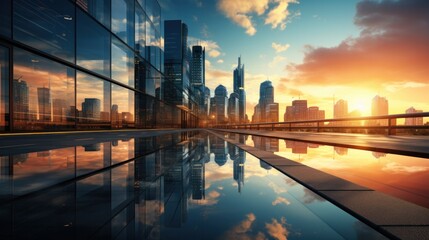 Obraz premium Modern office building or business center. High-rise window buildings made of glass reflect the clouds and the sunset. empty street outside wall modernity civilization. growing up business