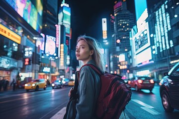 Traveling girl with red bag on a busy street. Busy nightlife in the city