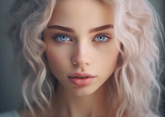 Fototapeta premium A closeup portrait of a woman with blonde hair, blue eyes, and glamorous makeup showcases her captivating beauty, from the bold eyelashes and eyebrows to the glossy lips and flawless skin