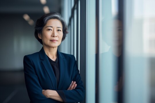 Smart Elegance Senior Old Adult Businesswoman Standing Smile Confident And Cheerful Wear Formal Suit Portrait Shot In Modern Interior Office Background