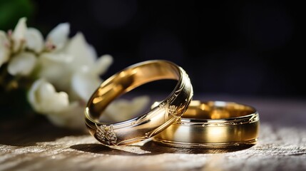 Obraz na płótnie Canvas two gold wedding rings symbolizing love and romance