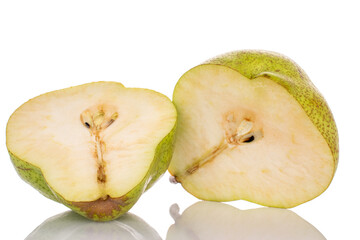 Two halves of a ripe pear, macro, isolated on a white background.