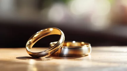Fotobehang two gold wedding rings symbolizing love and romance © saka