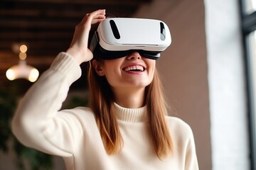 Young woman wearing VR augmented reality goggles in futuristic corridor of virtual art gallery exhibition, surreal world and virtual reality, Generative AI	