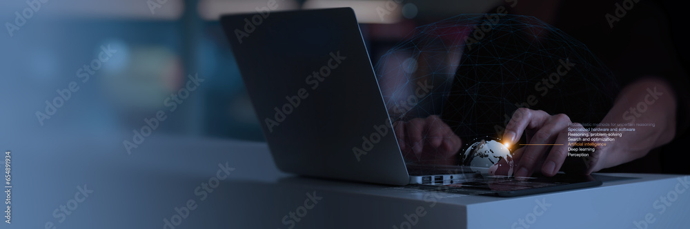 Poster Businessman using Ai computer network for  business global network connection on worldwide digital marketing customer data analytics Globalization strategy.