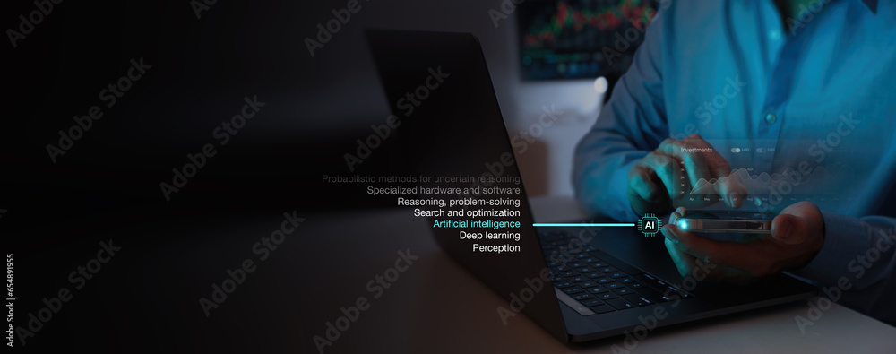 Aufkleber Businessman works on Smartphone laptop Showing Ai business analytics dashboard with charts, metrics, KPI to analyze performance insight reports for operations management. Data analysis concept.