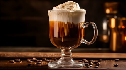 Close up an Irish Coffee in a Glass Mug topped with Cream. Blurred Kitchen Background