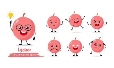 cute lychee cartoon with many expressions. fruit different activity pose vector illustration flat design set.
