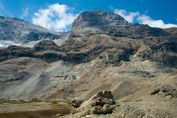 view of the pyrenean 'Cilindro' peak and glacier from the Marboré or Tuca Roya valley, vertical...