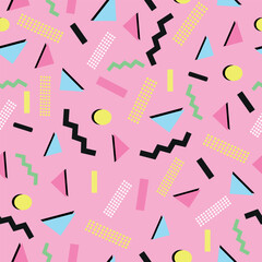 90's background with geometric colorful shapes pink background. Seamless fabric design pattern