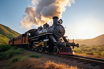 Fototapeta premium A train traveling down train tracks next to a lush green field. Smoke from the chimney of a retro train.