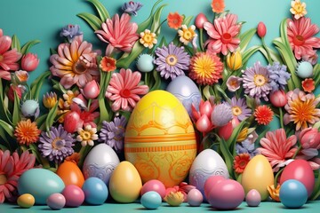 Fototapeta na wymiar Vibrant, Easter-themed backdrop with assorted eggs adorned in floral and diamond motifs. 3D rendering. Generative AI