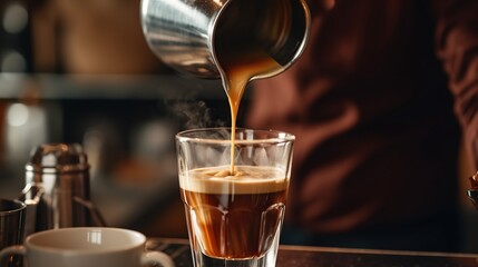 Photo of someone's hand pouring coffee from a cup into a glass