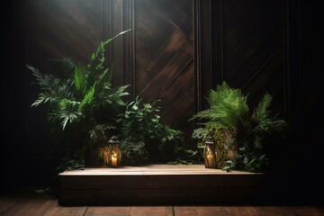sunlit wooden podium, green plants, dark backdrop. Generative AI