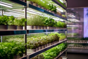 Indoor urban farm with shelves full of hydroponic microgreens in a cafe or shop. Generative AI - obrazy, fototapety, plakaty