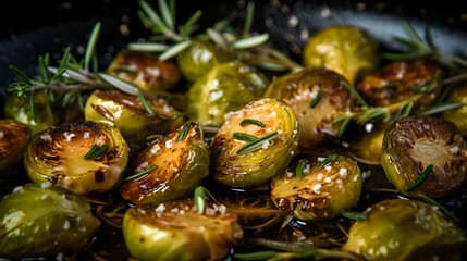 Fototapeta premium Close up of roasted Brussels Sprouts with Springs of Rosemary and Sea Salt. Blurred Restaurant Backdrop