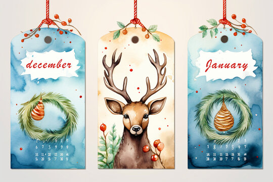 Christmas calendar with the months of December and January. A deer with big horns in the center