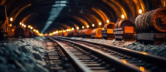Crédence de cuisine en verre imprimé Chemin de fer Selective focus on underground railway tunnel with rails for running and conductors with copyspace for text