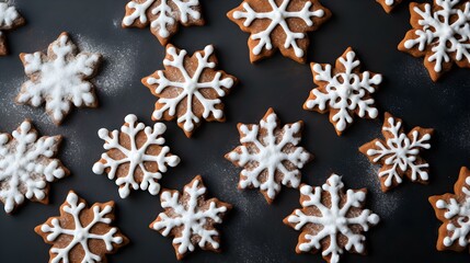 Overhead Shot of snowflake shaped Cookies. Cozy Winter Background