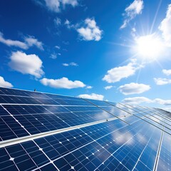 solar panels on blue sky background, view on solar power plant panel	