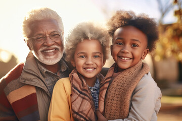 Meeting of grandfather and grandchildren. An elderly dark-skinned man and his grandchildren are happy together. They hug and rejoice at meeting each other. Caring for the elderly. - obrazy, fototapety, plakaty