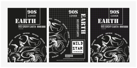 Retrofuturistic posters with cyber lettering, grid, geometric, Techno poster template in cyberpunk style. Retrofuturistic mockup posters set with strange elements