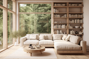 sofa on a living room bookshelf in the style of nature