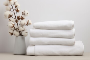 A stack of white towels sitting on top of a table. AI image. - obrazy, fototapety, plakaty