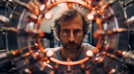 a man in a scientific laboratory, observing a particle accelerator as it generates high-energy collisions, contributing to our understanding of fundamental physics - obrazy, fototapety, plakaty