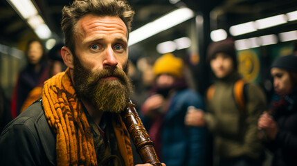 a man stands in a busy subway station, performing on a didgeridoo. The rich, earthy tones he produces seem to transform the underground space into a unique auditory realm