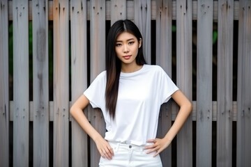 Blank white t-shirt, beautiful asian woman model wearing t-shirt