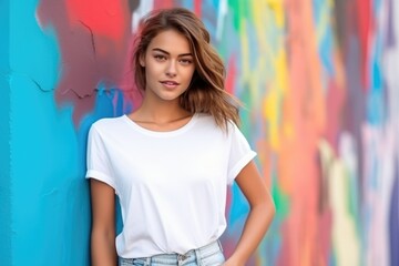 Blank white t-shirt, beautiful woman model wearing t-shirt at colorful background
