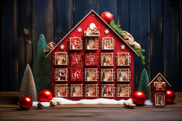 A beautiful and original advent calendar made of natural wood in the form of a house. Unusual decorations on the eve of Christmas