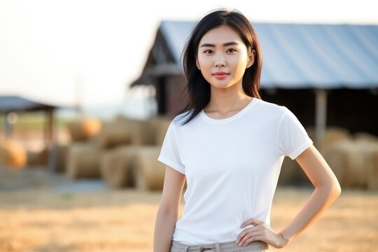 Blank white t-shirt, beautiful asian woman model wearing t-shirt at outdoor background