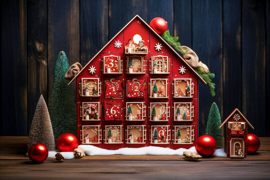 A beautiful and original advent calendar made of natural wood in the form of a house. Unusual decorations on the eve of Christmas - Powered by Adobe
