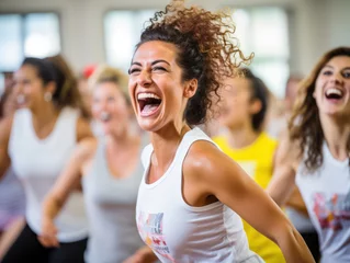 Store enrouleur sans perçage Fitness Beautiful women enjoy fun-filled zumba classes, expressing their active lifestyle with friends