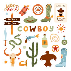Big Wild West and cowboy set in trendy flat style. Hand drawn simple vector illustration with western boots, hat, snake, cactus, bull skull, sheriff badge star. Cowboy theme with symbols of Texas. - obrazy, fototapety, plakaty