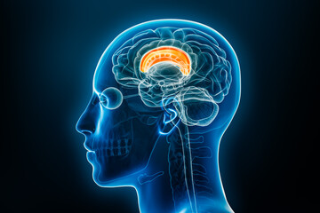 Obraz premium Xray lateral or profile view of the corpus callosum 3D rendering illustration with male body contours. Human brain anatomy, medical, biology, science, neuroscience, neurology concepts.