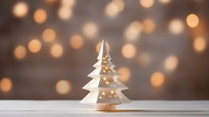 Close up a synthetic Christmas Tree in white Colors. Festive Bokeh Background with Copy Space