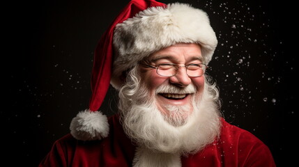 Santa Claus with snow on his face on a black background. Christmas concept