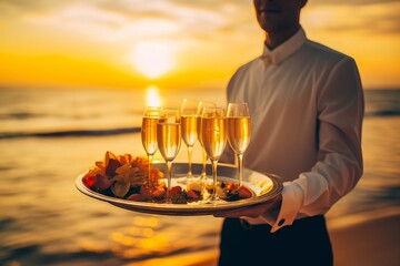Waiter serving champagne on a tray. Summer beach sunset holiday vacation. Generative AI 