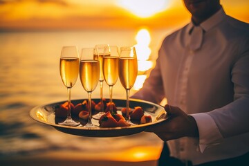 Waiter serving champagne on a tray. Summer beach sunset holiday vacation. Generative AI  - obrazy, fototapety, plakaty
