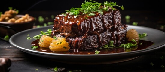 Selective focus on braised beef short rib on dinner table with copyspace for text - obrazy, fototapety, plakaty