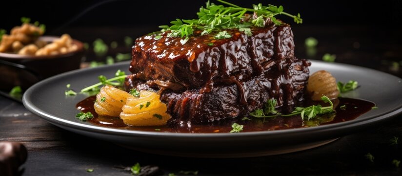 Selective focus on braised beef short rib on dinner table with copyspace for text