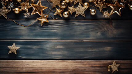 Christmas decoration on dark wooden background. Top view with copy space.