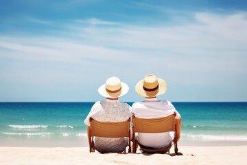 Relax senior couple on beach with blue sky, Retirment travel holiday healthy lifestyle Concept. Generative AI 
