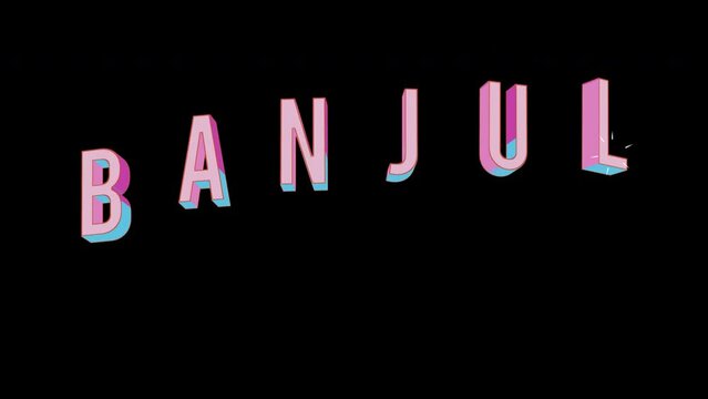 Bright letters jump merrily in the inscription BANJUL city. Retro. Alpha channel black. Looped from frame 120 to 240, Alpha BW at the end
