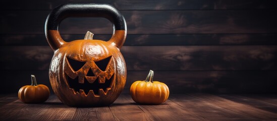 Fototapeta na wymiar Kettlebell with Halloween pumpkins on wooden background promotes fitness and autumn vibes with copyspace for text