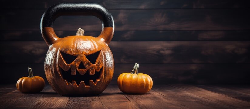 Kettlebell with Halloween pumpkins on wooden background promotes fitness and autumn vibes with copyspace for text